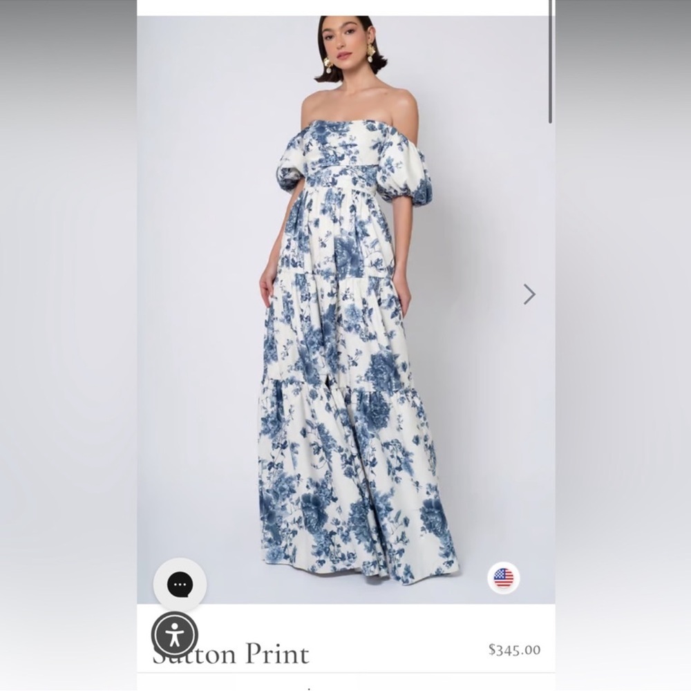 Jenny Yoo Blue and White Ruffled Off-Shoulder Gown